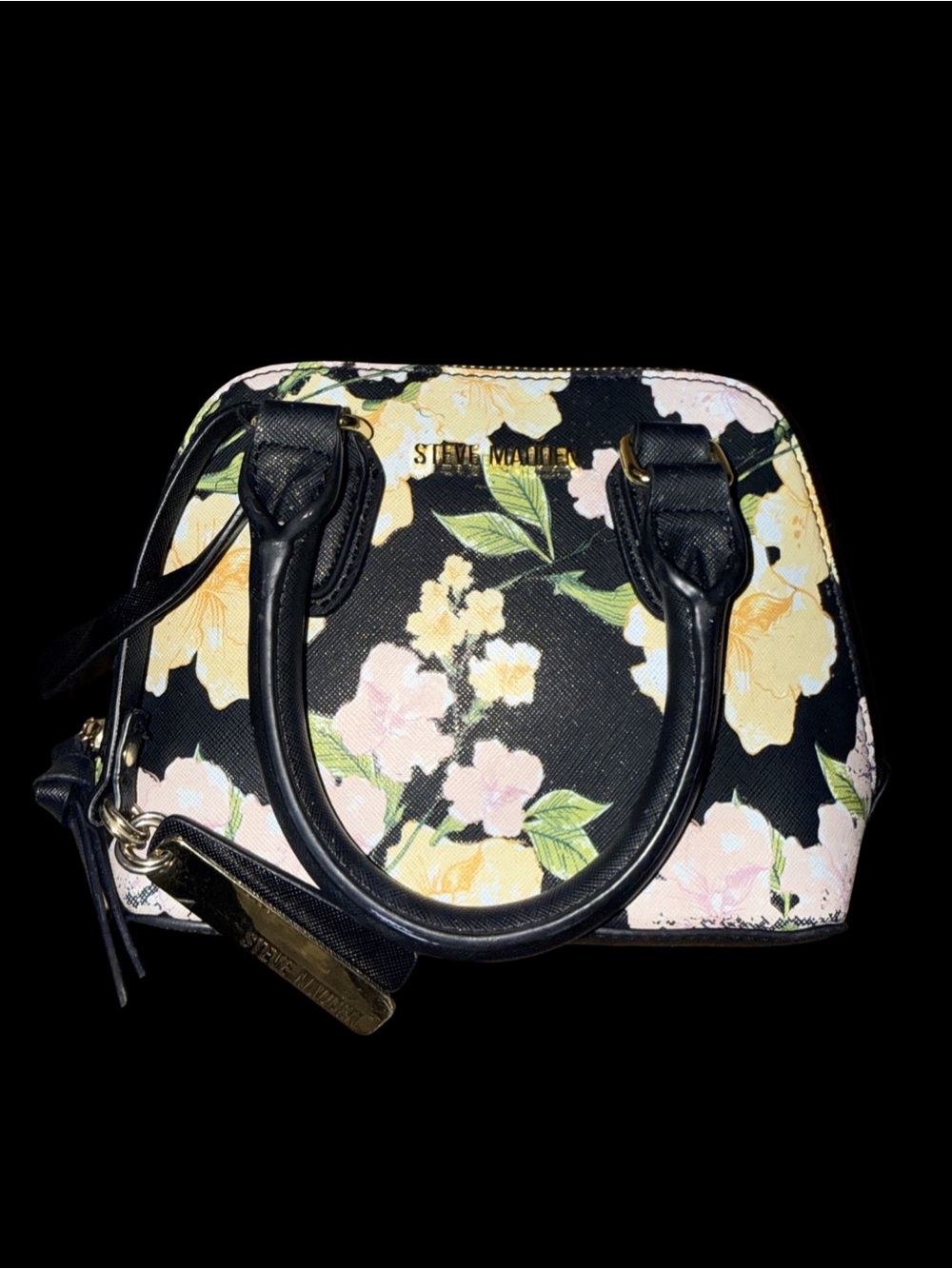 Steve Madden Black Floral Mini Satchel with Yellow and Pink Blooms